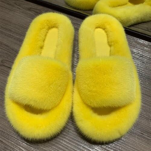 Natural fur slippers women real mink fur slipper ladies mink fur flat with slippers