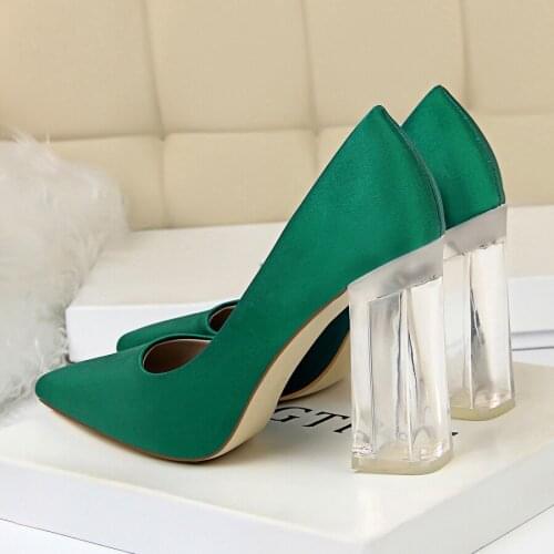 Woman basic High Heels Wedding Shoes Silk shallow Pointed Toe Classic Transparent Thick Heels 10CM Women Pumps