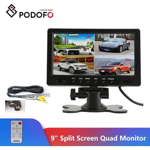Podofo 9" TFT LCD Split Screen Quad Monitor CCTV Security Surveillance Car Headrest Rear View Monitor 4 RCA Connectors 6 Mode