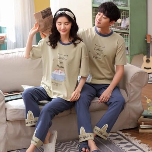Women and men new summer couple pajamas cotton short sleeve trousers Korean casual two piece pajama sets pajama set pajamas