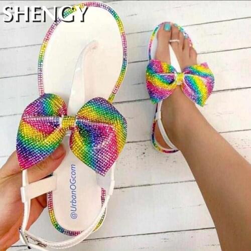 Ladies Flat Sandals Casual Rainbow Color Bow Open Toe Flip Flops Sandals Colorful And Elegant Ladies Sandals Flat Slippers