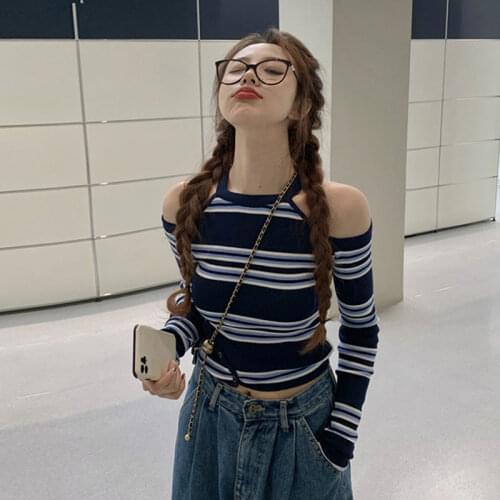 Woman Sweaters Womens Slim-Fit Knitted Short Halter Striped off-Shoulder Top, 2020 Autumn Femme Chandails Pull Hiver