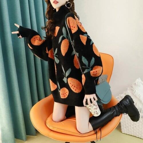 2021 Autumn Winter Sweaters Pullover Fruit Pattern Long Sleeve Sweater Women Turtleneck Knitted Jumpers Sweater Mujer Y275