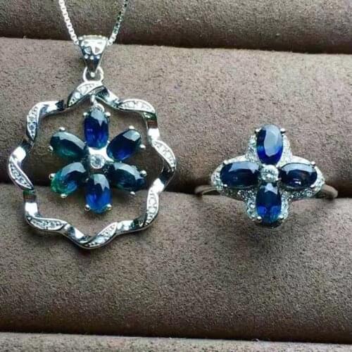 Fancy Natural Sapphire Jewelry sets for women Party Genuine Gemstones with Ring Pendant 925 Sterling silver Certificate #903