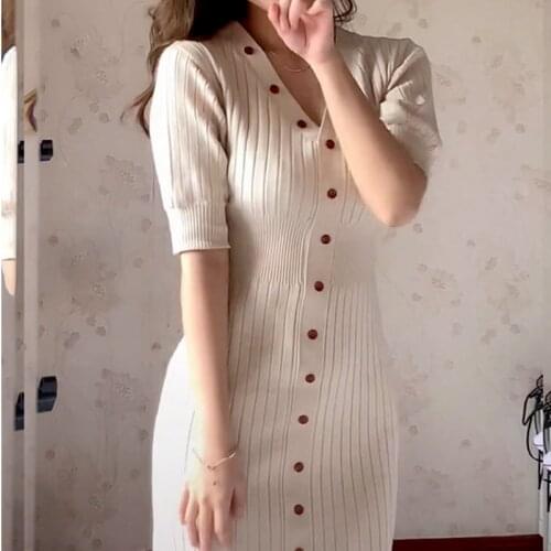 Chic Irregular Single Breasted Silm Waist Design Woman Dress Summer Elegant Temperament Knit Dresses Casual V Neck Vestidos