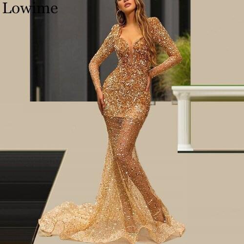 Luxury Sparkly Gold Evening Dress 2020 Long Crystals Illusion Prom Dress Party Kaftan Celebrity Dress Red Carpet Runaway Gowns