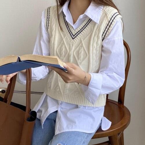 Hit Color Sweater Vest Women Jumper Sleeveless Pullover Knitted Vests Women Autumn Fashion Preppy Style Crop Top Korean Knitwear
