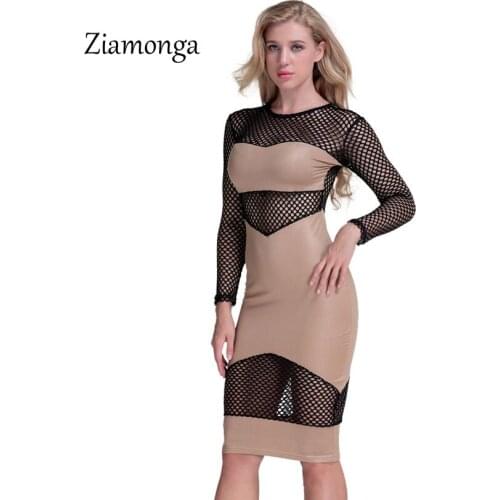 Ziamonga Black Mesh Sexy Club Wear Women Party Dresses New Arrival Winter 2017 Long Sleeve Knee Length Sheath Bandage Sexy Dress