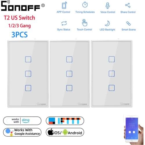 1-3pcs Sonoff T2 US 1/2/3 Gang Wifi Light Touch Switch 220V Wall Wireless Smart Switch 433 RF Remote Control Work FOR Alexa