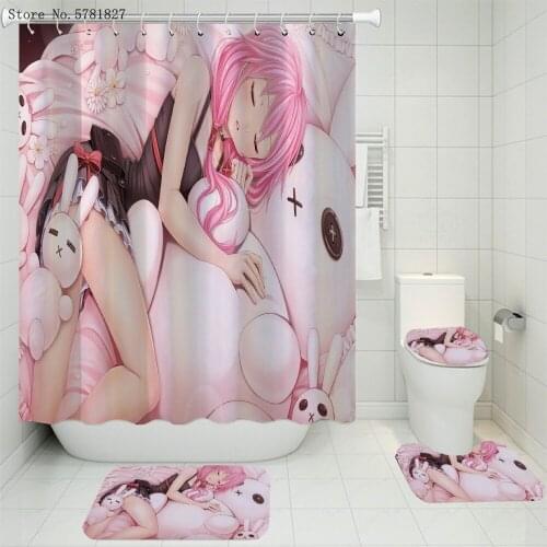 3/4 Pieces Cartoon Carpet Cover Toilet Cover Bath Mat Pad Set Japan Anime Bathroom Curtain Set Sexy Girls Shower Curtain Set