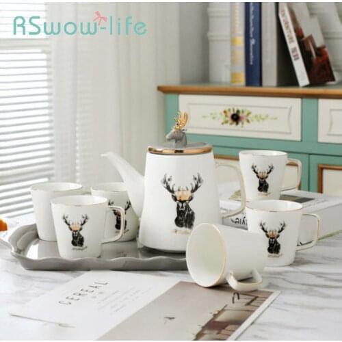8Pcs Creative Household Kettle Water Cup Saucer Set Ceramic Tea Set Afternoon Tea Cup Set Tea Cups And Saucers
