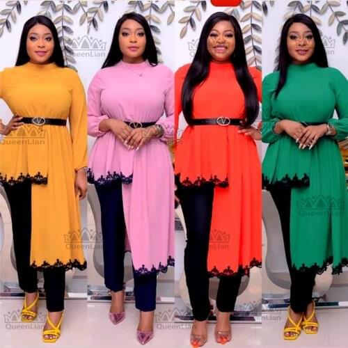 African New Fashion Lace High Collar Suit (Dress and Trousers With Belt ) Collect Waist Suit African For Lady(KSTZ#)