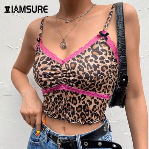 IAMSURE Leopard Print Lace Patchwork Aesthetic y2k Crop Tops For Women Sexy V-Neck Rave Outfits Party Clubwear Female Tank Tops