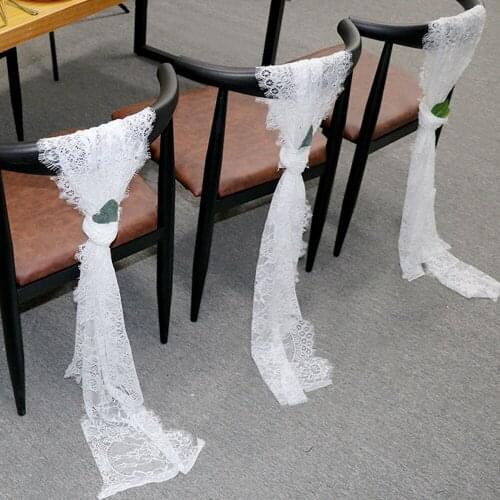 10Pcs White Lace Chair Sashes Bow Wedding Chair Knot Cover Chair Bow Band Belt Ties Banquet Romantic Wedding Decoration 35x300cm