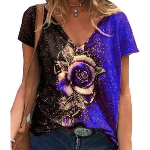 Summer Casual V Neck Multicolor Rose Print Short Sleeve Loose T-shirt Women 2021 Fashion Streetwear Pullover Tshirt Female S-5XL