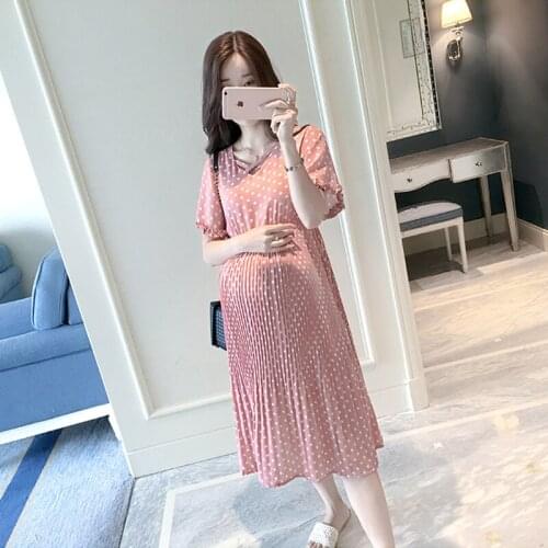 Summer Chiffon Dresses Maternity Clothing For Pregnant Women Polka Dot Pleated Gravida Vestidos Pregnancy Dress Pregnant Clothes