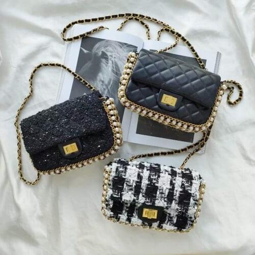 Small Black Quilted Shoulder Chain Bag for Women 2021 Luxury PU and Wool Crossbody Handbags Female Pearl Chain Decoration Purse