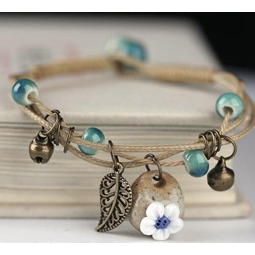 Fashion Women Creative Hand-Woven Ceramic Beaded Bracelet Alloy Leaves Pendant Bracelets Girls Ethnic Style Jewelry