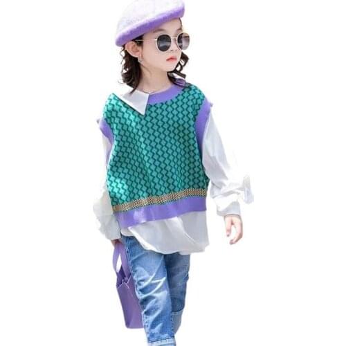 Girls Autumn Sweater 10 to 12 years Fashion Tops 2021 New Spring Fake Two-Piece Pullover Sweater