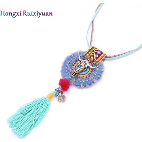 Bohemian style necklace fashion handmade leather retro alloy bull head tassel lady necklace long round pendant necklace jewelry