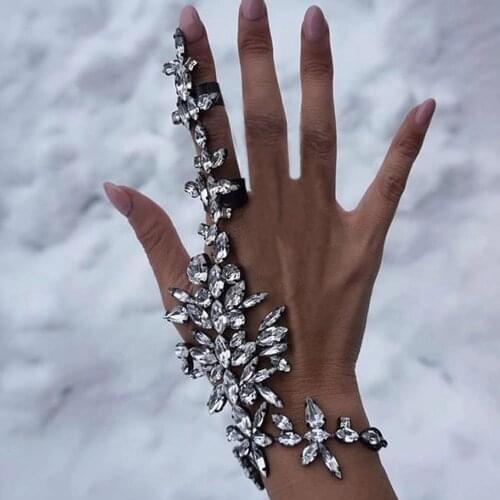 Luxury Handmade Crystal Zircon Flower Bridal Finger Ring Bracelet for Women Rhinestone Hand Chain Bracelet Bangles Hand S1212