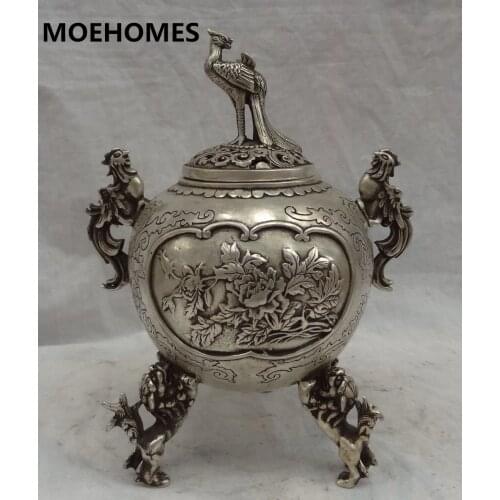 MOEHOMES Tibet Silver Bird Fly Peacock Head Statue Phoenix Lion family decorations metal handicraft Incense Burner Censer