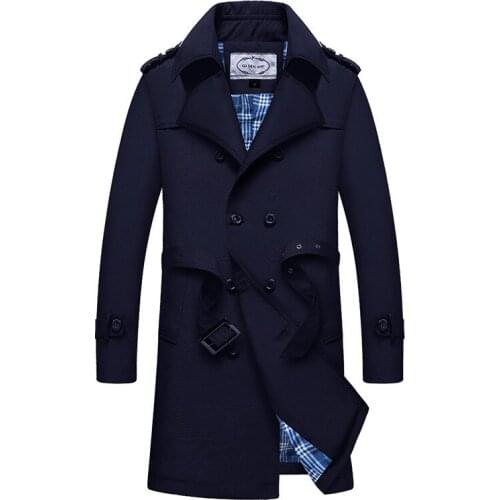 Men Windbreaker Jacket Vintage Black Cottom Male Business Single Breasted Retro Classic Long Coat Men Trench Outwear Coat Autumn