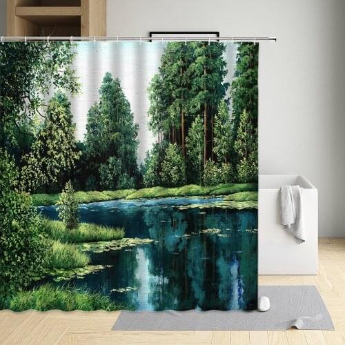 Green Jungle Shower Curtain Forest Mountain Water Rape Flower Landscape Bathroom Home Decor Waterproof Washable Fabric With Hook