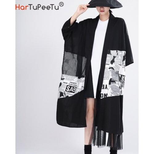 2020 Autumn X-long Cloak Coat Women 3/4 Long Sleeve Cape Cardigan Vintage Patchwork Newspaper Mesh V Neck Outwear