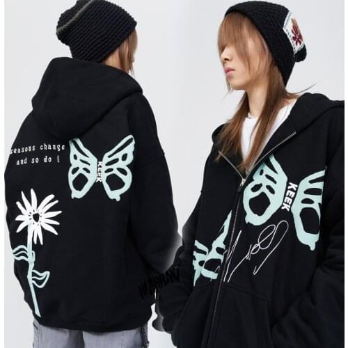 Vintage Flowers Print Oversized Hoodies Female Zip Up Long Sleeve Womens Sweatshirt Y2K Aesthetic Autumn Winter Grunge clothing