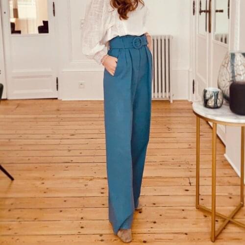 Dark Blue Wide Leg Pants Women High Waits Belt Pocket Loose Casual Trousers 2020 Elegant Office Lady Formal Chic Long Pant