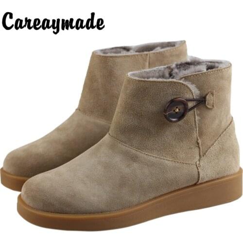 Careaymade-Snow boots female fur integrated winter warm Plush cotton shoes antiskid thick sole real leather wool short boots