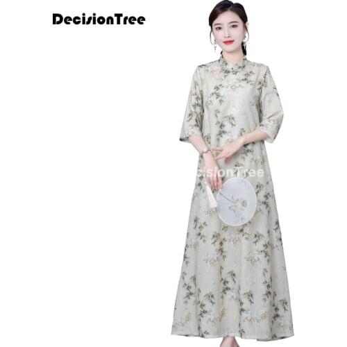 2021 womens daily qipao linen cheongsam flower print moden everyday qipao dress elegant party dance costume cheongsam dress