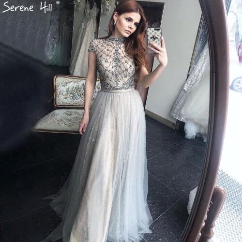 Sleeveless A-Line Diamond Beading Prom Dresses 2020 Dubai Grey High-end O-Neck Sexy Evening Dress Real Photo BLA70142