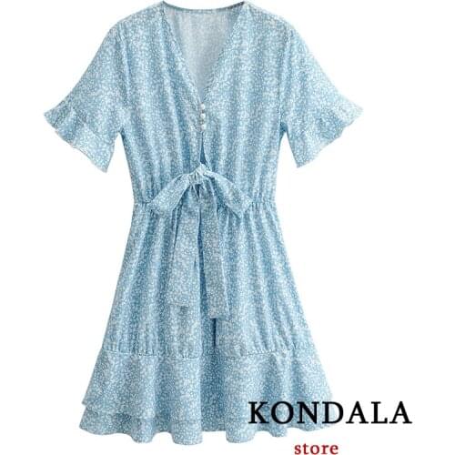 KONDALA Women Dress Za Summer 2021 New Fashion Flower Printed Blue Vintage V Neck Ldies Mini Dress Short Sleeve Mujer Vestidos