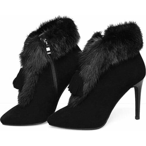 Winter elegant woman warm boots black rabbit fur pointed toe ankle boots high heel womens boots fur boots large size real photo