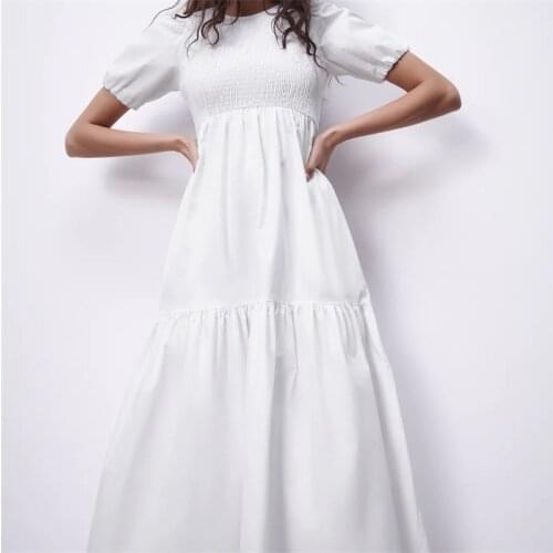 ZXQJ Women 2021 Chic Fashion Smocked Elasitc White Midi Dress Vintage O Neck Puff Sleeve Female Dresses Vestidos Mujer