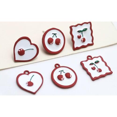 30pcs Enamel Alloy Red Fruit Cherry Geometry Charms Pendants Stud Earring Material Ornament Accessory Heart Round Square Metal