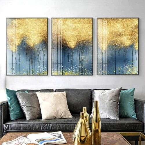 Abstract Bright Gold Tree Drop Blue Poster Painting Modern Canvas Art Print Wall Art Pictures for Living Room Tableau Salon deco