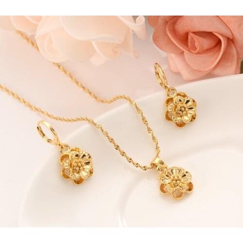 Bangrui Ethiopian Gold Color Flower set Jewelry Pendant Chain Earrings African Bride Wedding bridal Flower Bijoux wife gifts