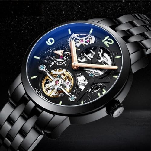 AILANG Mens Watch Automatic Hollow Mechanical Watch Tourbillon Stainless Steel Luminous Waterproof Luxury Mens Watch 6811A