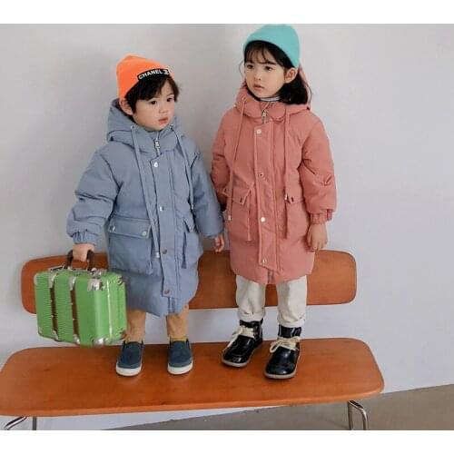 Childrens Down Jacket Medium Length Thickened Boys' And Girls' White Big Pocket Coat