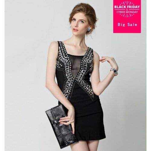 European station2018 summer new diamond bead patchwork perspective backless dress female sexy Package hip sleeveless dress L684