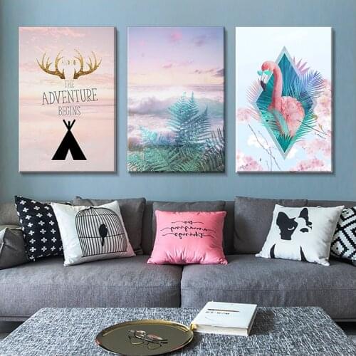 Northern European Style Flamingo Poster, Sea Flower Canvas Painting, Green Plant Leaves, Printed Poster, Waterproof Canvas Paint