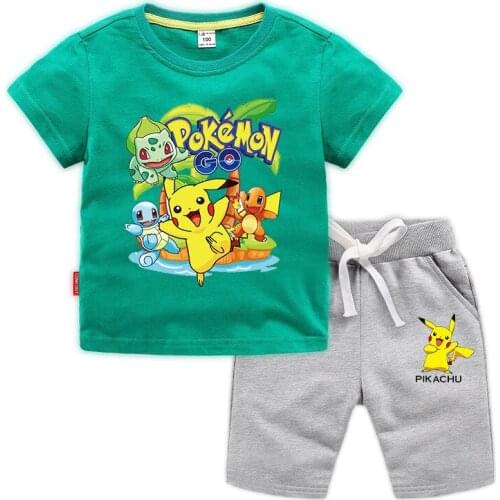 Anime Pokemon Go Cartoon T-shirt Set for Boys Girls Kids Summer Cotton Pocket Monster Clothes Shirts Tee Suits Clothing Set