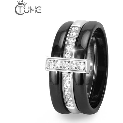 Trendy 9MM Width Mezzanine Ceramic Rings With Bling Cubic Zircon Good Three In One Stainless Steel Lady Women Rings Gift Jewelry
