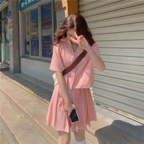 Fashion Suit Female Student Summer New Short Sleeve + Suit Pleated Skirt Two-piece Suit