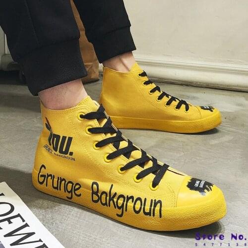 Men Casual Shoes Ulzzang Fashion Lace-Up Hip Hop Sneakers Mens High Tops Yellow White Letter Graffiti All Black Canvas Shoes