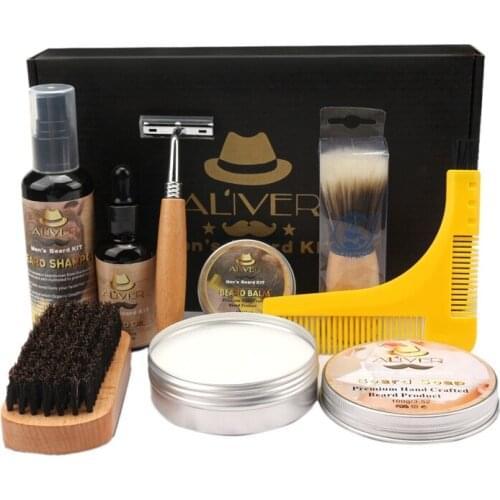 ALIVER 9PCS/Lot Beard Care Tool Set Beard Comb Bristle Brush Beard Cream Oil moisturizing Wax Beard Care Set with Rzaor