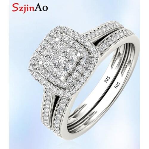 Szjinao Diamond Rings For Women Real 925 Sterling Silver Wedding Ring Couple Engagement Micro Lab Diamond Christmas Jewellery